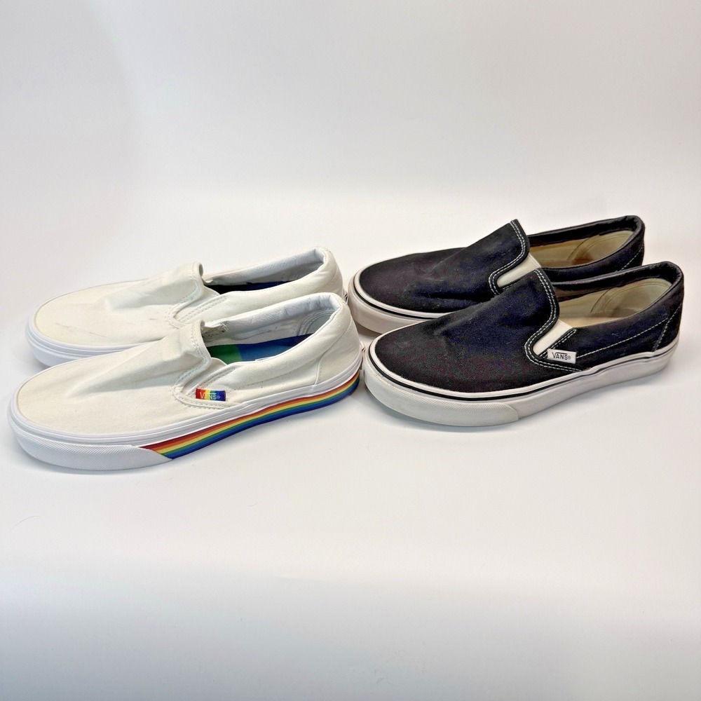 Lot of‎ 2 Pair Van Shoes Slip Ons Men 7 Women 8.5 Pride Black White